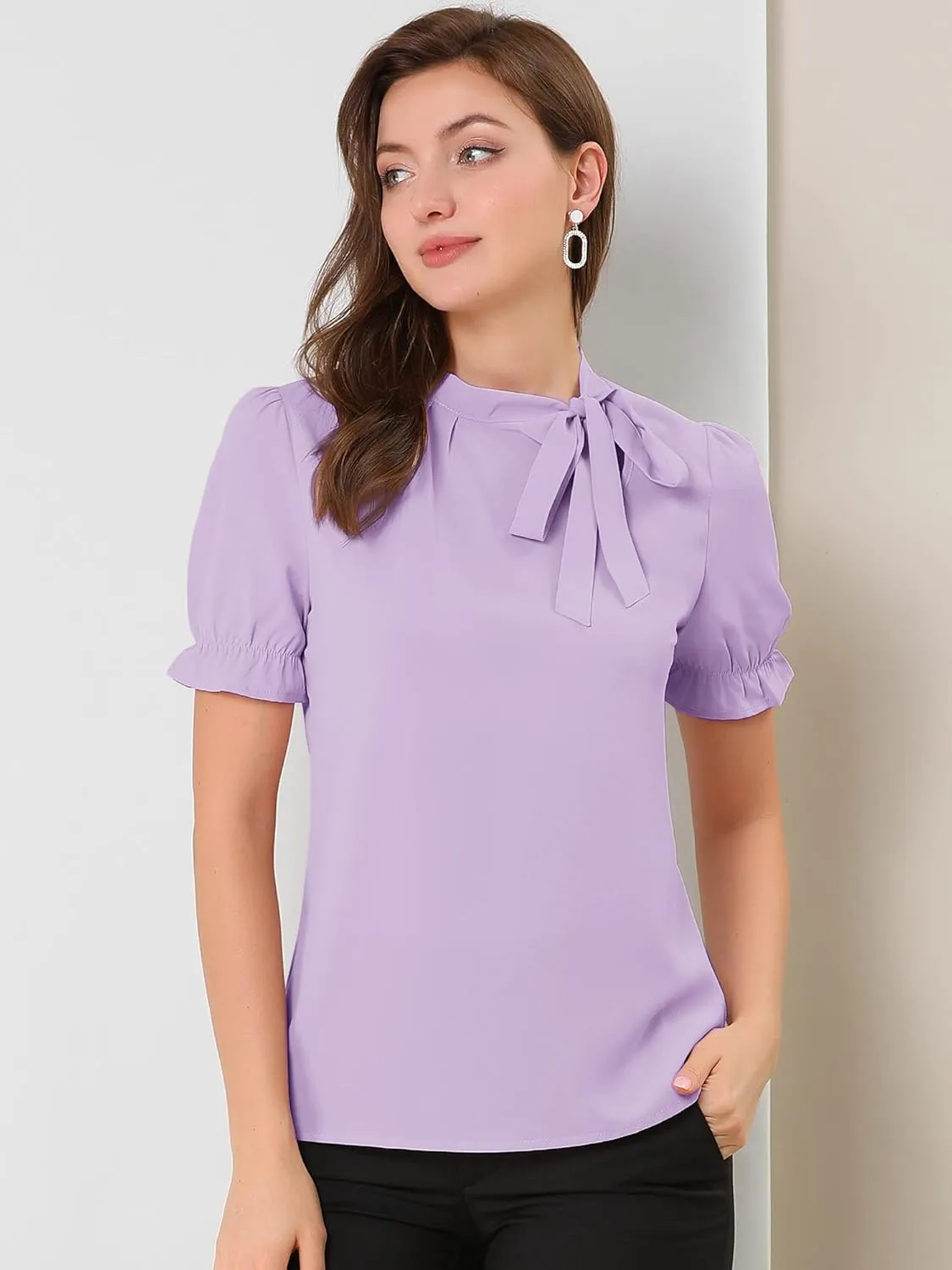 Allegra K Women's Bow Tie Neck Tops Elegant Office Short Sleeve Blouse
