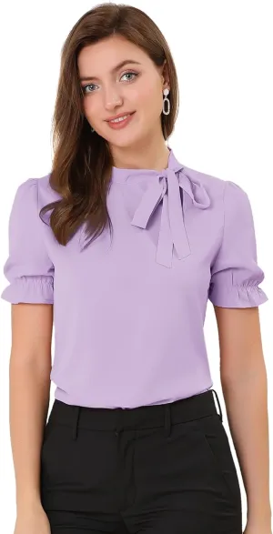 Allegra K Women's Bow Tie Neck Tops Elegant Office Short Sleeve Blouse