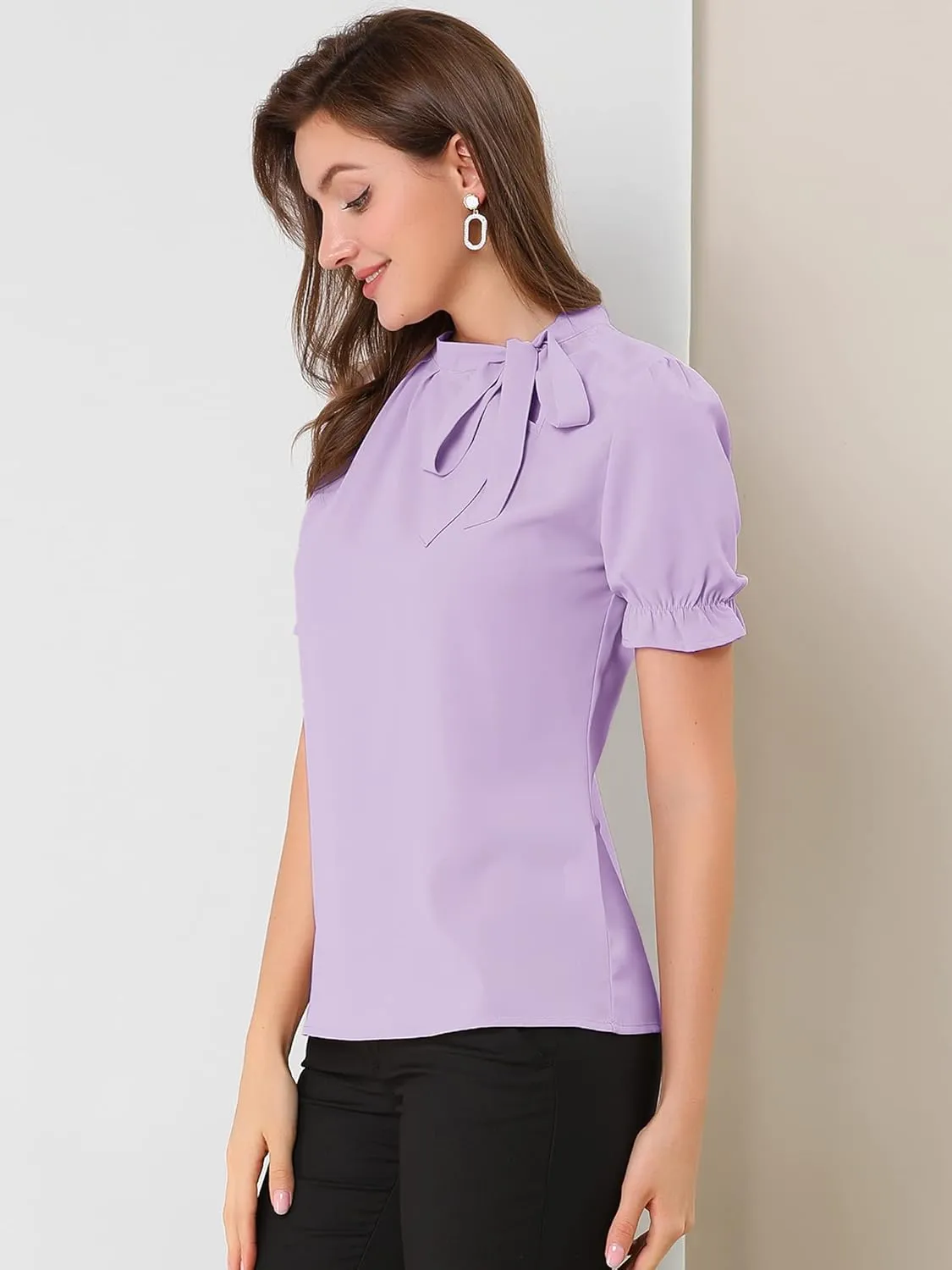 Allegra K Women's Bow Tie Neck Tops Elegant Office Short Sleeve Blouse