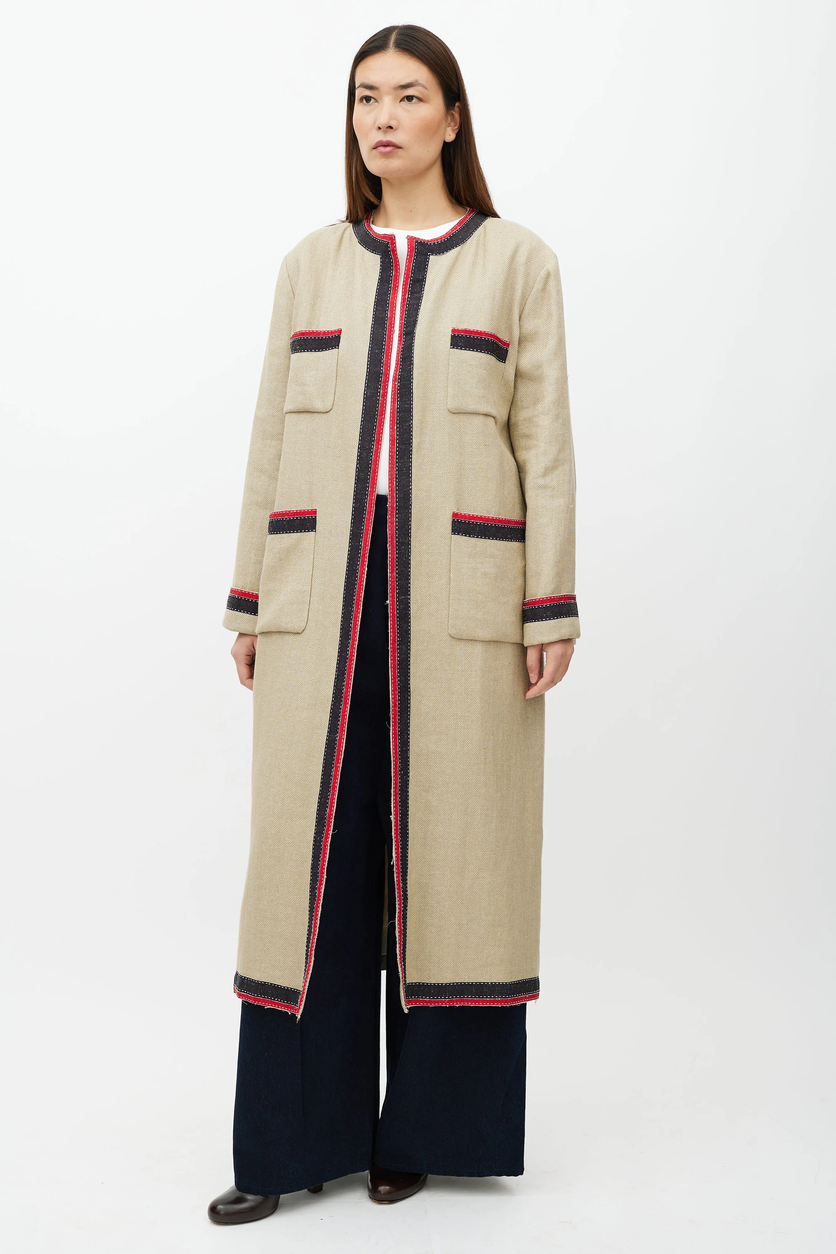 Beige & Multicolour Belted Wool Coat