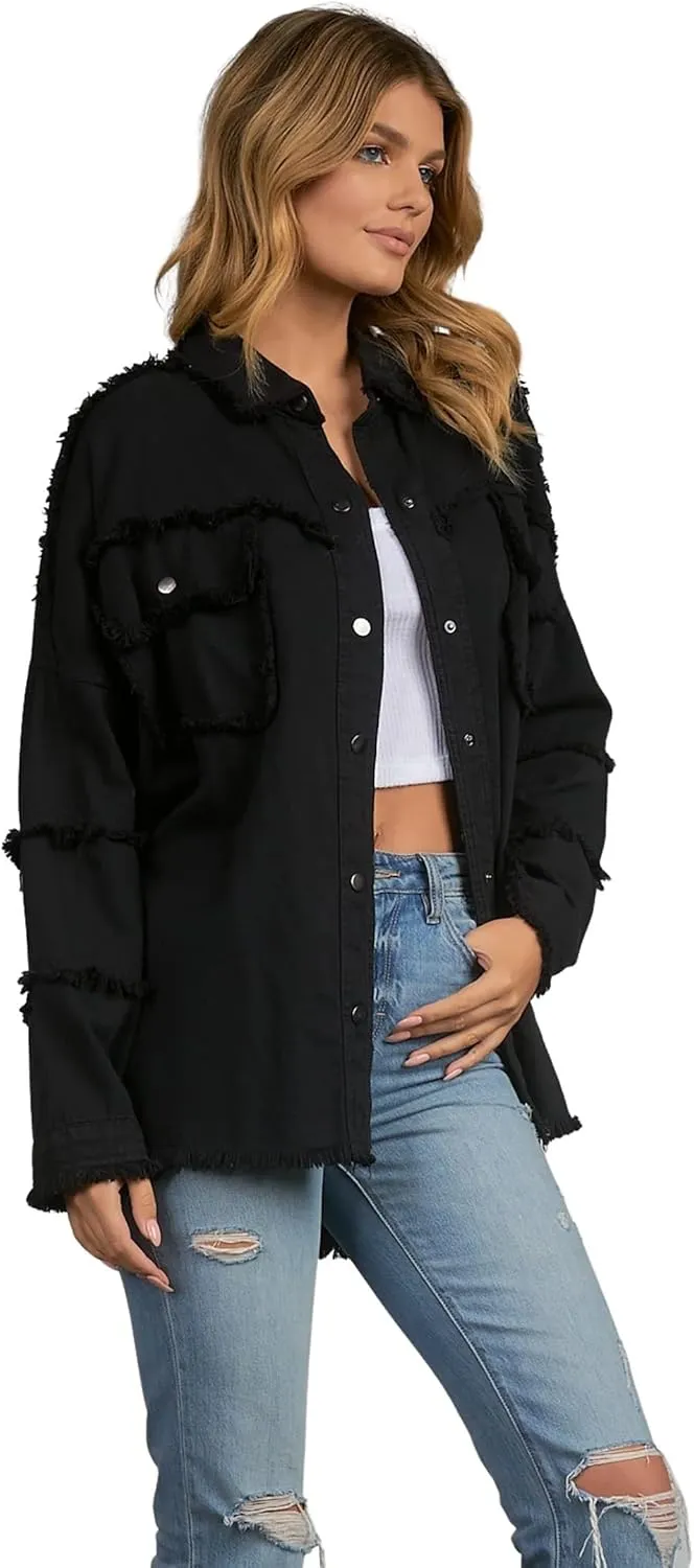 ELAN Women's Rock and Roll Distressed Button Up Jacket