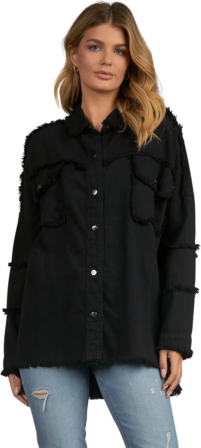 ELAN Women's Rock and Roll Distressed Button Up Jacket