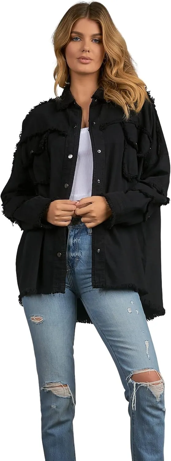 ELAN Women's Rock and Roll Distressed Button Up Jacket