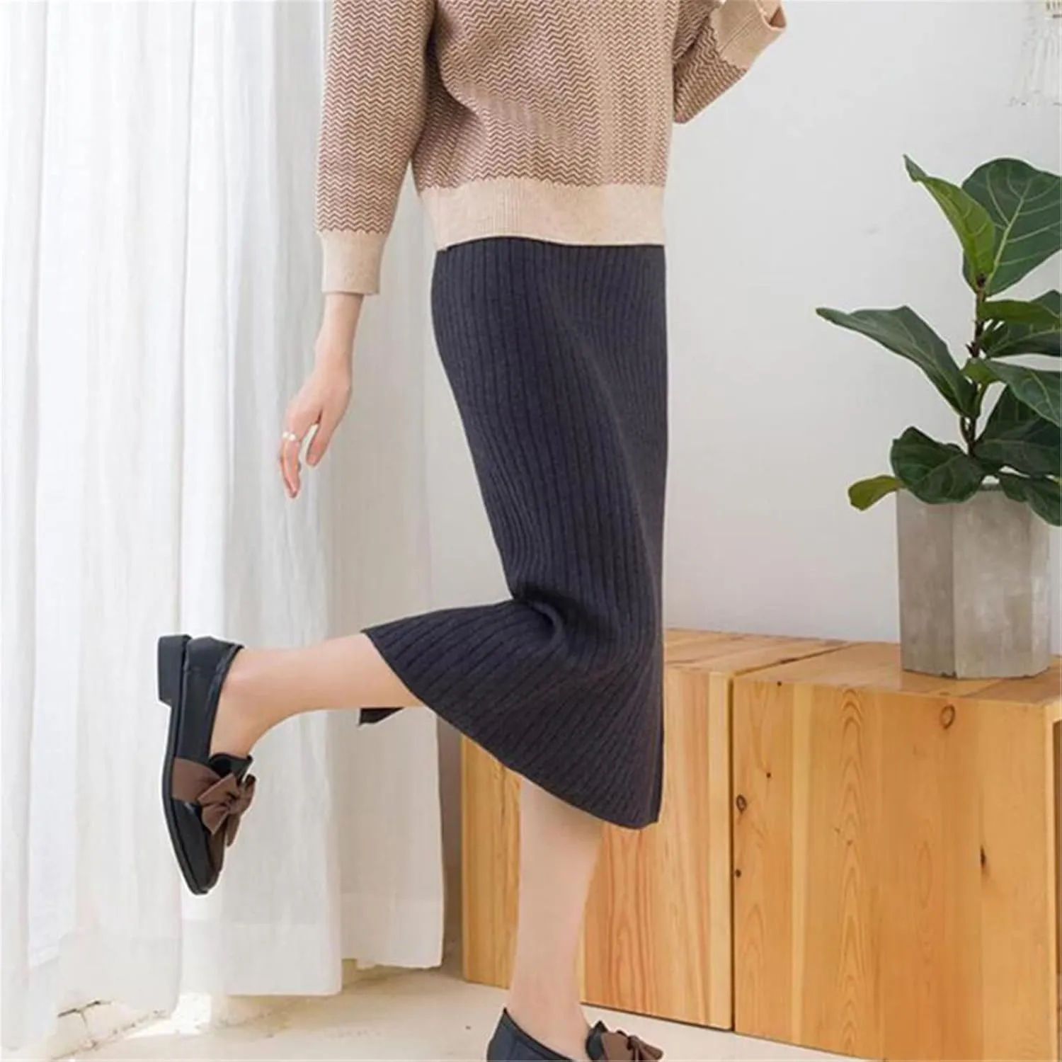 Elastic Women's Pencil Skirt Autumn High Waist Warm Elegant Knitted Midi Skirt Ribbed Ladies Party Skirts Plus Size
