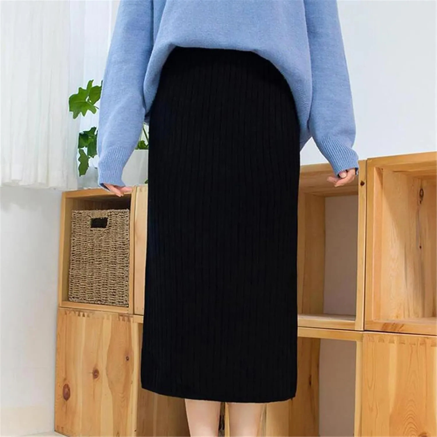 Elastic Women's Pencil Skirt Autumn High Waist Warm Elegant Knitted Midi Skirt Ribbed Ladies Party Skirts Plus Size