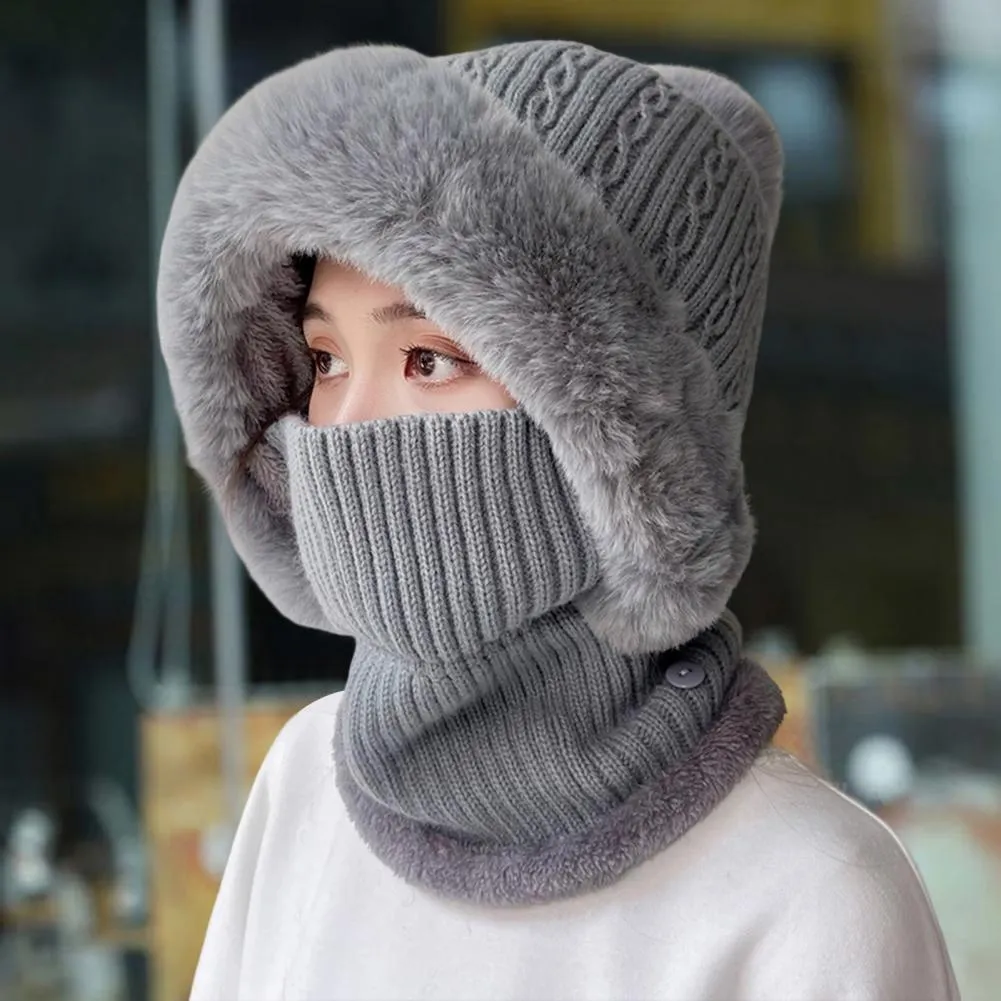 Knitted Hat Pompom Plush Ears Protection Solid Color Autumn Winter