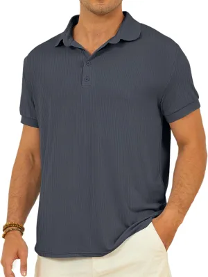 Mens Polo Shirts Short Sleeve Texture Collared Polo Shirt Classic Button Golf Polo T Shirts Summer Tees