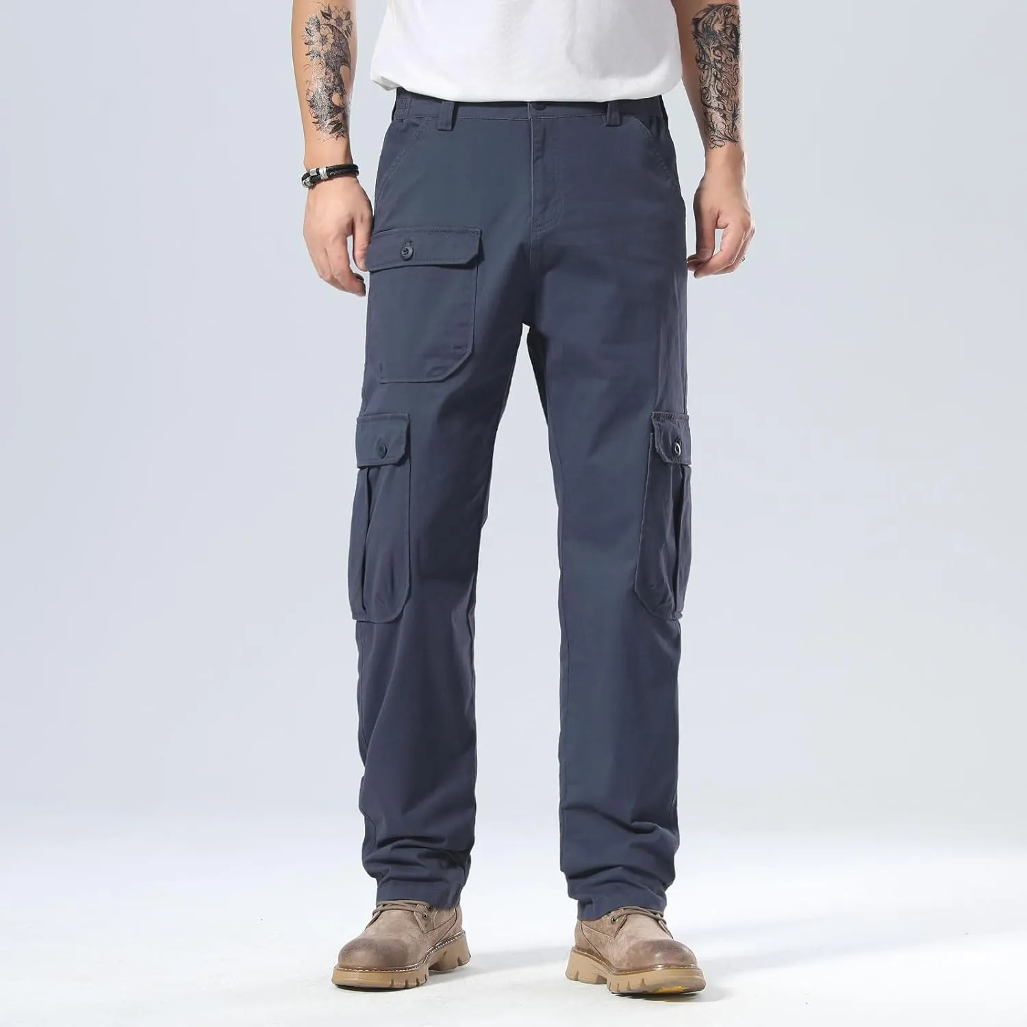 Plaid&Plain Men's Cargo Pants Relaxed Fit with Extra Front Pocket and Oversized Belt Loops LSC013