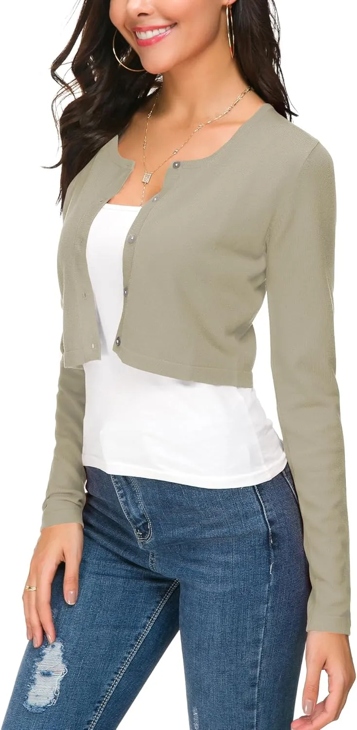 Women's Cropped Knit Cardigan Sweater Long Sleeve Button Down Open Front Bolero Shrug for Spring and Fall