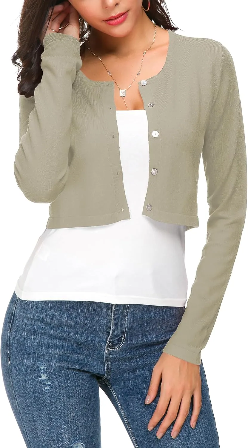 Women's Cropped Knit Cardigan Sweater Long Sleeve Button Down Open Front Bolero Shrug for Spring and Fall
