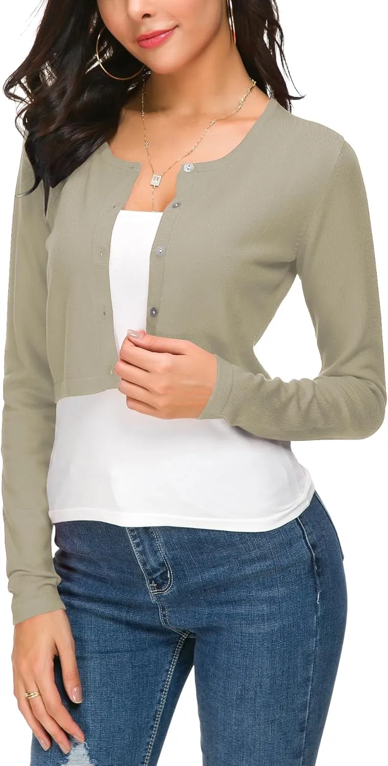 Women's Cropped Knit Cardigan Sweater Long Sleeve Button Down Open Front Bolero Shrug for Spring and Fall
