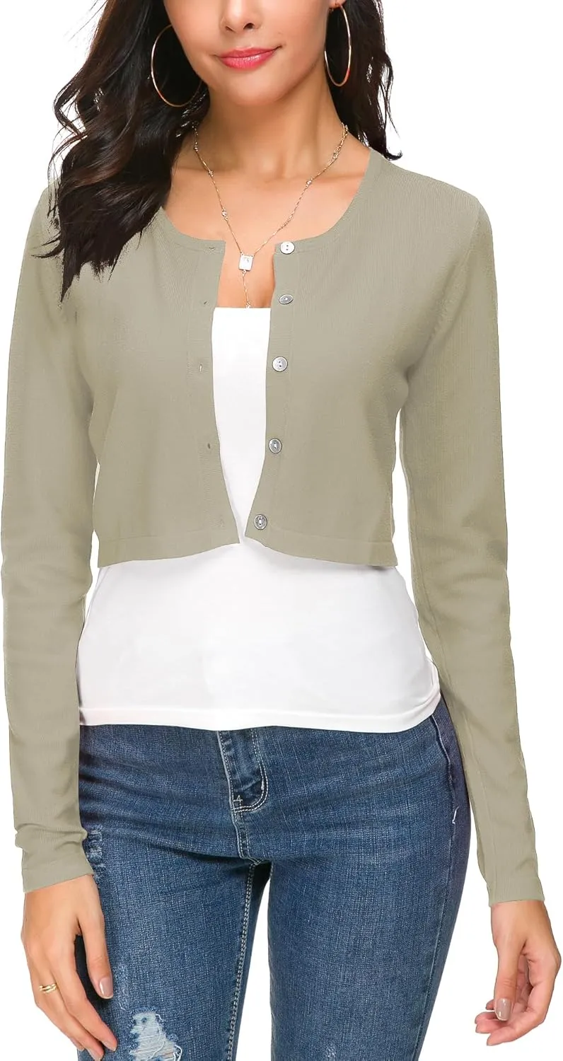 Women's Cropped Knit Cardigan Sweater Long Sleeve Button Down Open Front Bolero Shrug for Spring and Fall