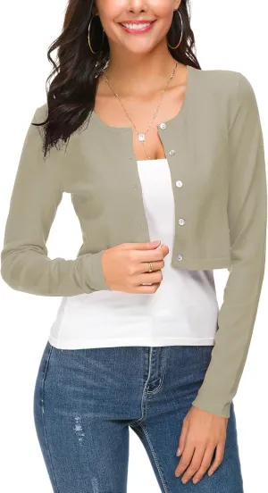 Women's Cropped Knit Cardigan Sweater Long Sleeve Button Down Open Front Bolero Shrug for Spring and Fall