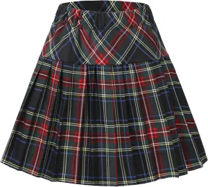 Women's Stretchy High Waist Tartan Pleated Mini Skirt Plaid Skater Skirts for Women and School Costume