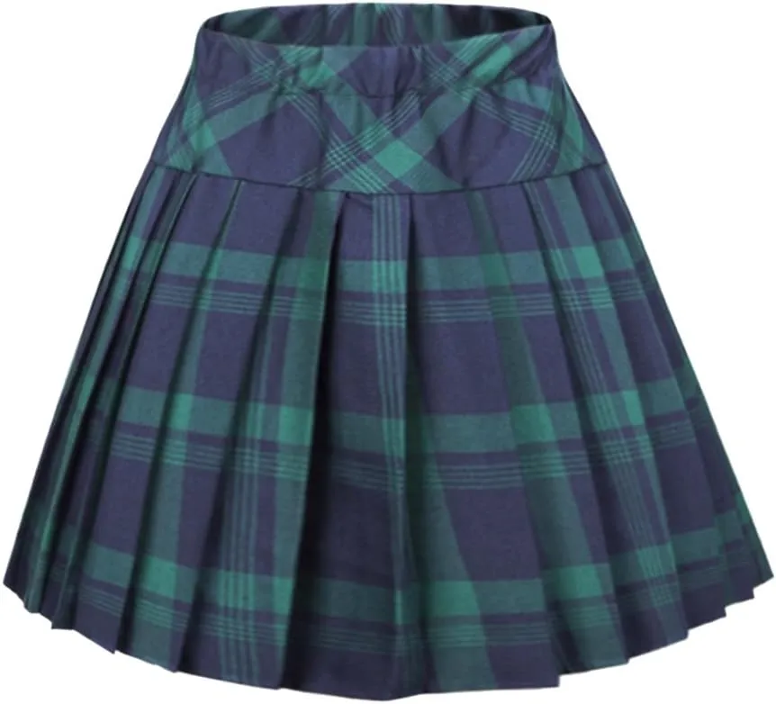 Women's Stretchy High Waist Tartan Pleated Mini Skirt Plaid Skater Skirts for Women and School Costume